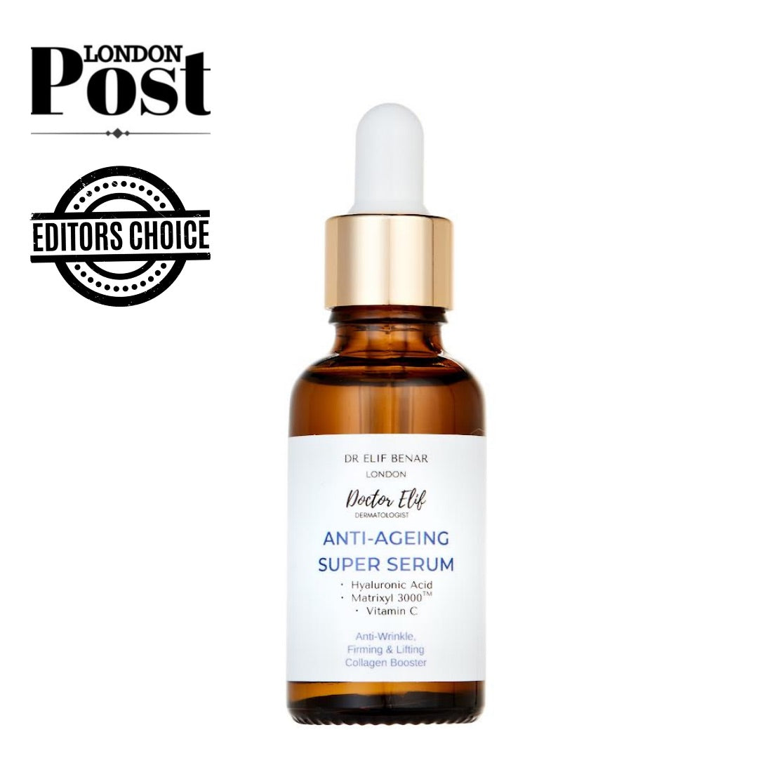 Dr Elif Benar Anti-Ageing Super Serum amber dropper bottle with hyaluronic acid, Matrixyl 3000 and vitamin C, London Post Editors' Choice