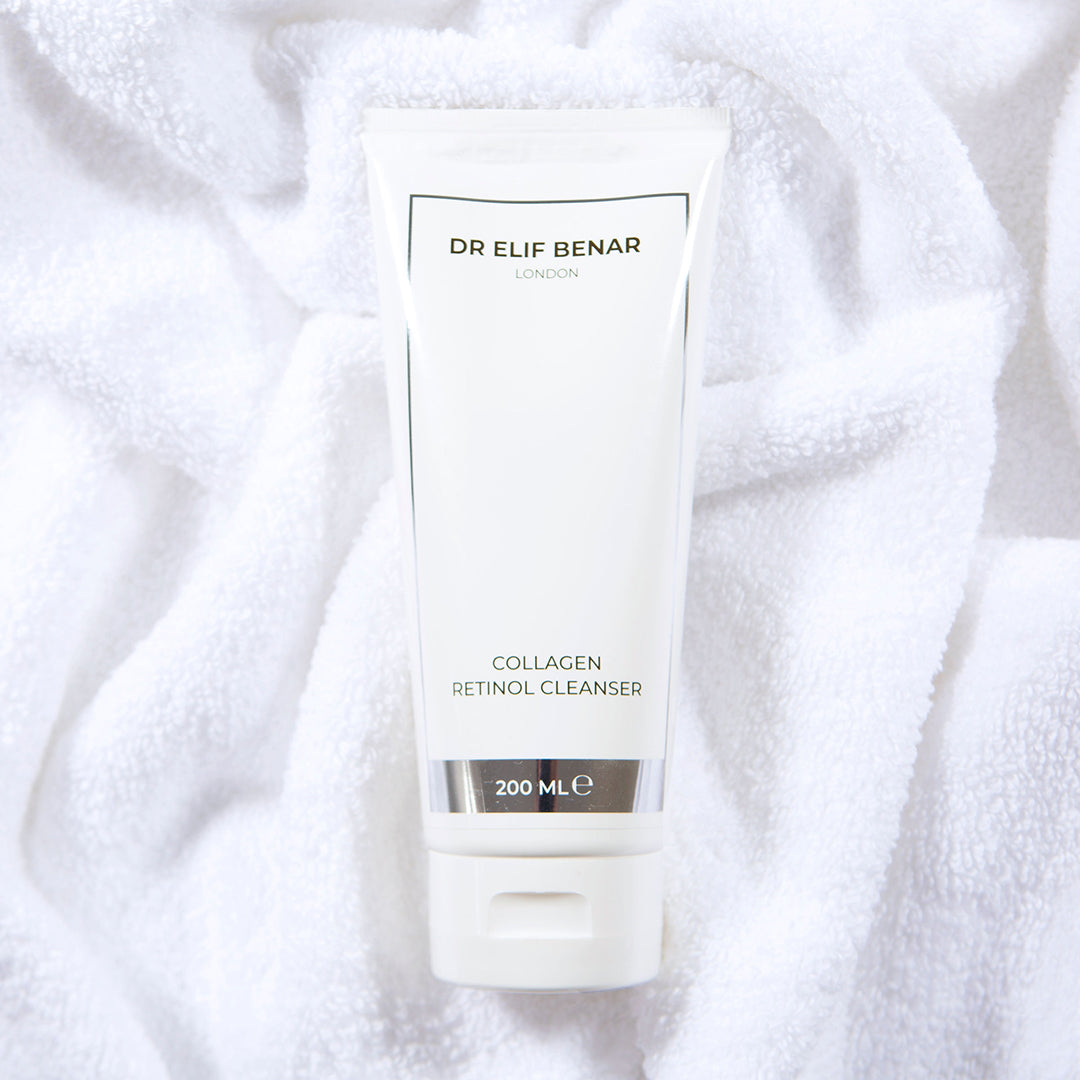 Dr Elif Benar Collagen Retinol Cleanser 200ml tube on a soft white towel, anti-ageing face wash