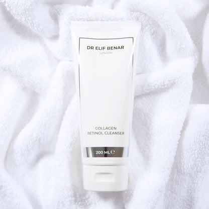 Dr Elif Benar Collagen Retinol Cleanser 200ml tube on a soft white towel, anti-ageing face wash