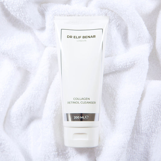 Dr Elif Benar Collagen Retinol Cleanser 200ml tube on a soft white towel, anti-ageing face wash