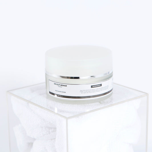 Dr Elif Benar Face Moisturiser jar on a clear acrylic cube, hydrating cream for dry and sensitive skin