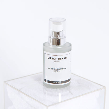 Dr Elif Benar Anti Pigmentation Serum 30ml pump bottle on a clear acrylic stand, serum for dark spots and uneven skin tone
