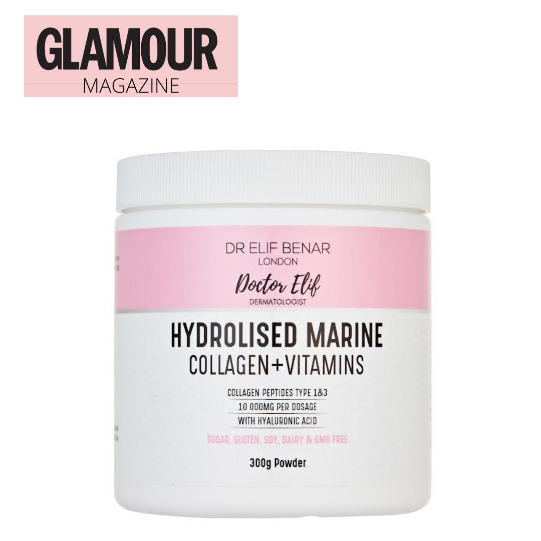 Dr Elif Benar Hydrolysed Marine Collagen Powder + Vitamins tub, featured in Glamour Magazine