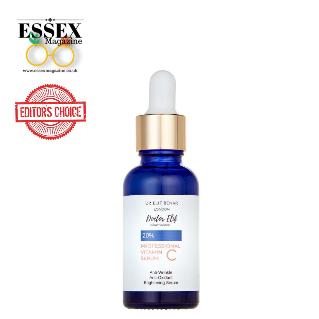 Dr Elif Benar Professional 20% Vitamin C Serum blue dropper bottle, anti-wrinkle brightening serum, Essex Magazine Editors' Choice