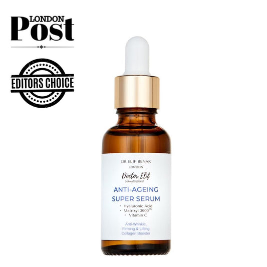 Dr Elif Benar Anti-Ageing Super Serum amber dropper bottle with hyaluronic acid, Matrixyl 3000 and vitamin C, London Post Editors' Choice