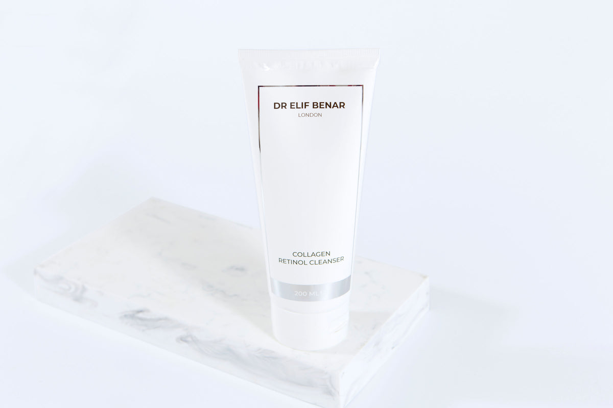 Dr Elif Benar Collagen Retinol Cleanser 200ml tube on a white marble block
