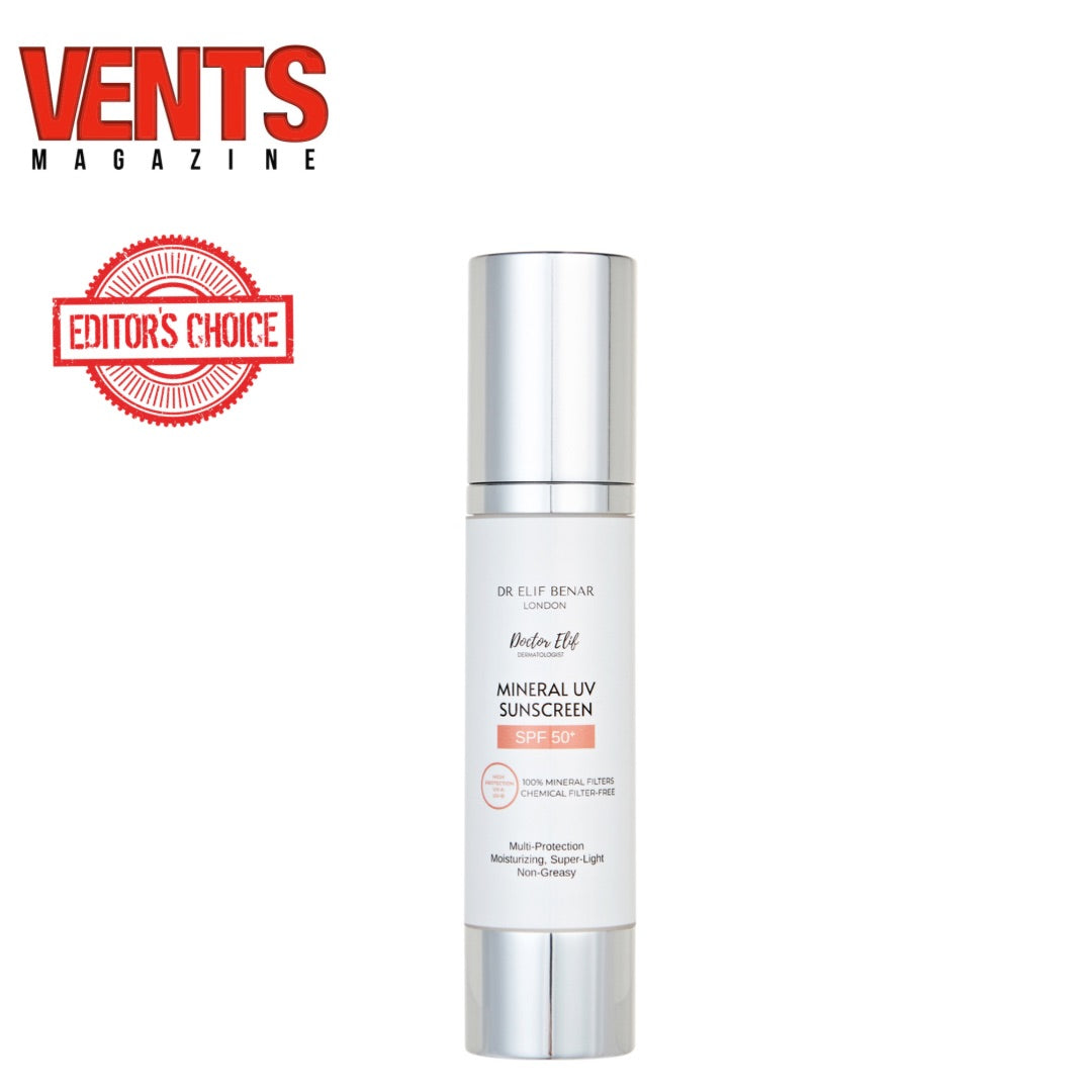 Dr Elif Benar Mineral UV Sunscreen SPF 50+ bottle, 100% mineral filters, Vents Magazine Editor's Choice