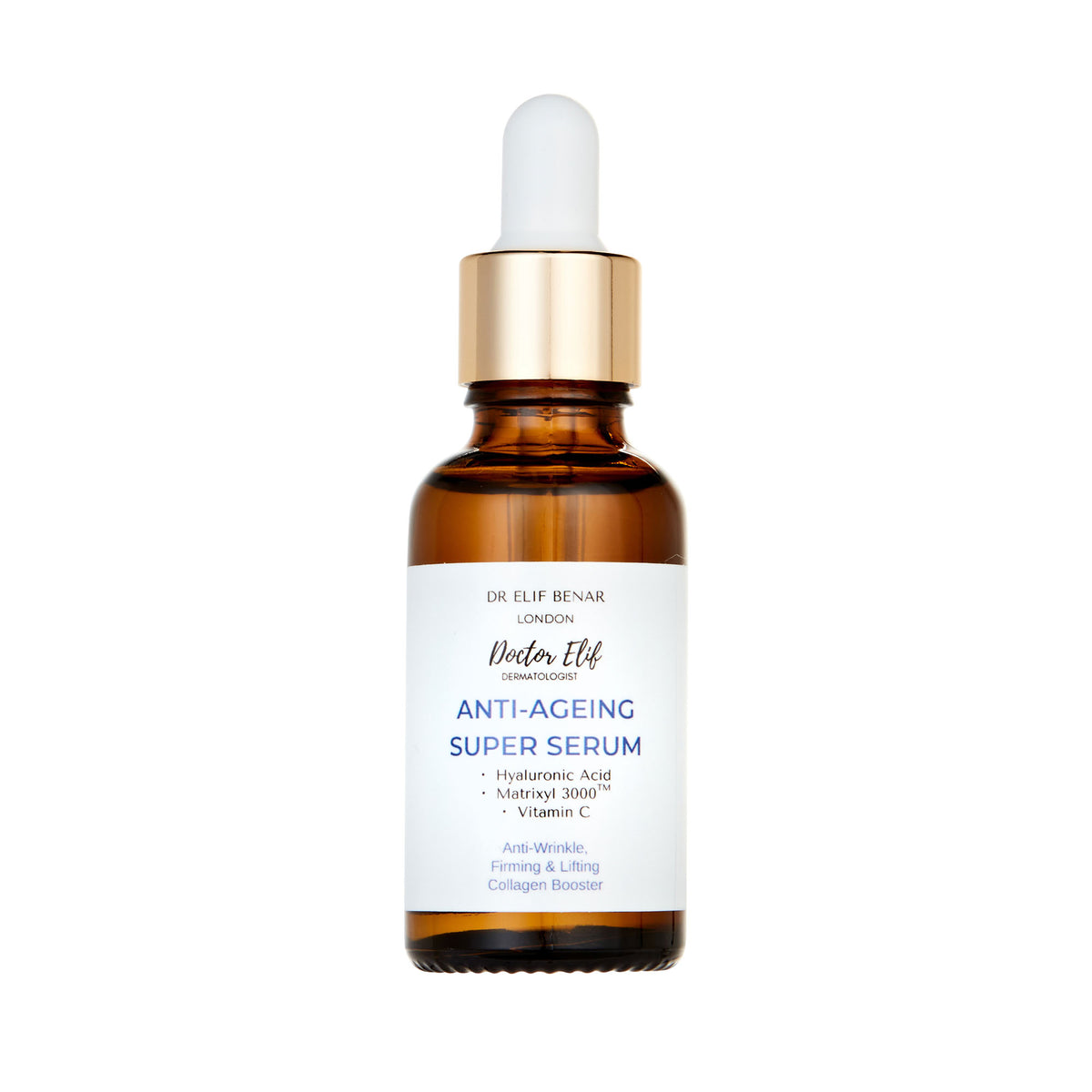 Dr Elif Benar Anti-Ageing Super Serum amber glass bottle, anti-wrinkle firming and lifting serum