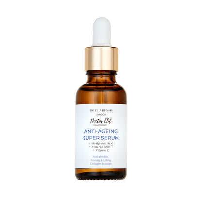 Dr Elif Benar Anti-Ageing Super Serum amber glass bottle, anti-wrinkle firming and lifting serum
