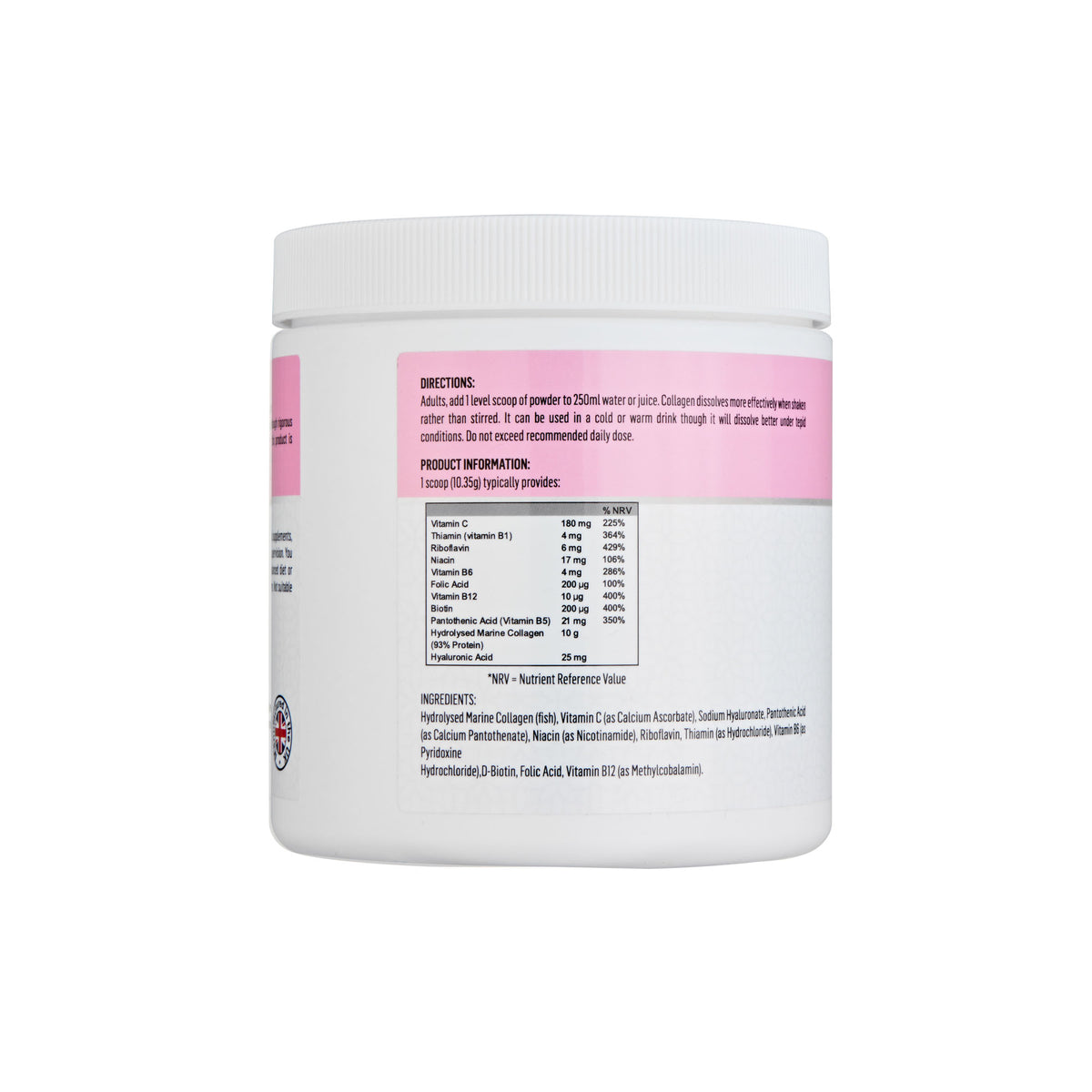 Back of the Dr Elif Benar Hydrolysed Marine Collagen + Vitamins tub showing ingredients and nutrition information