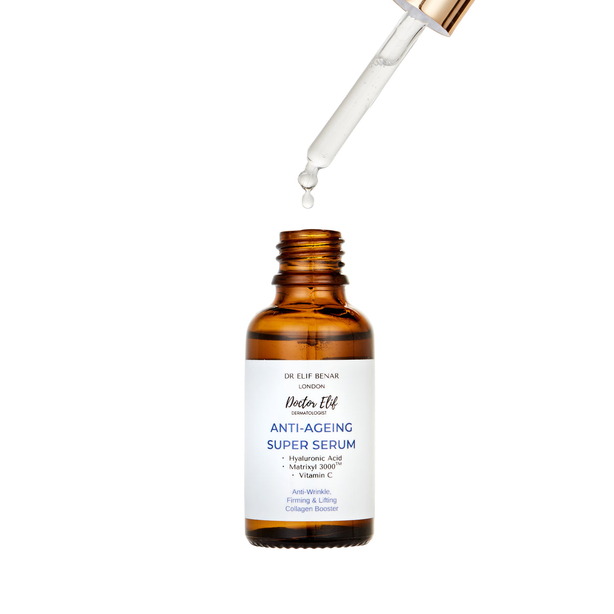 Dr Elif Benar Anti-Ageing Super Serum bottle with the glass dropper lifted out
