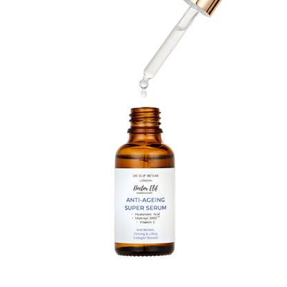 Dr Elif Benar Anti-Ageing Super Serum bottle with the glass dropper lifted out