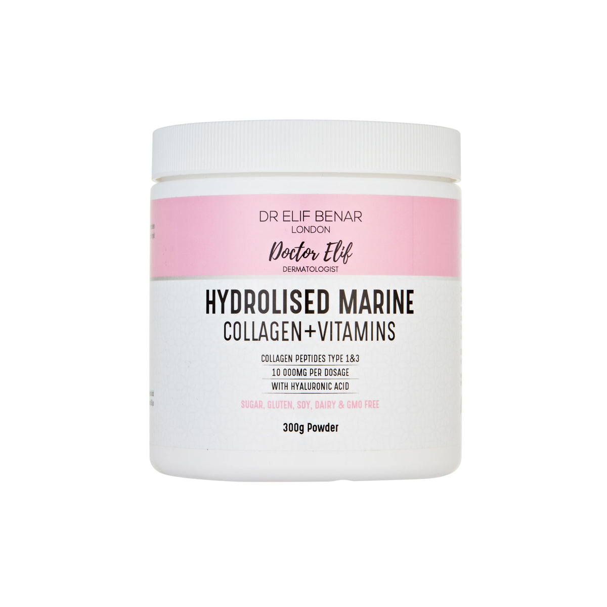 Dr Elif Benar Hydrolysed Marine Collagen + Vitamins 300g powder tub with hyaluronic acid, 10,000mg per serving
